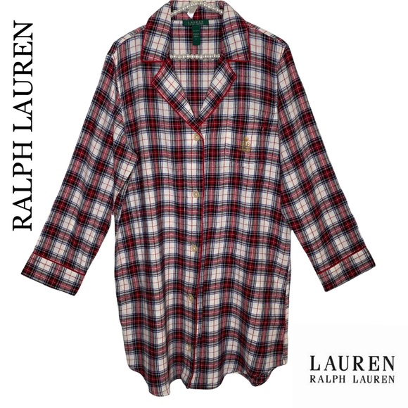 LAUREN RALPH LAUREN RED PLAID COTTON FLANNEL PAJAMA NIGHTGOWN SHIRT SIZE LARGE - Picture 1 of 11